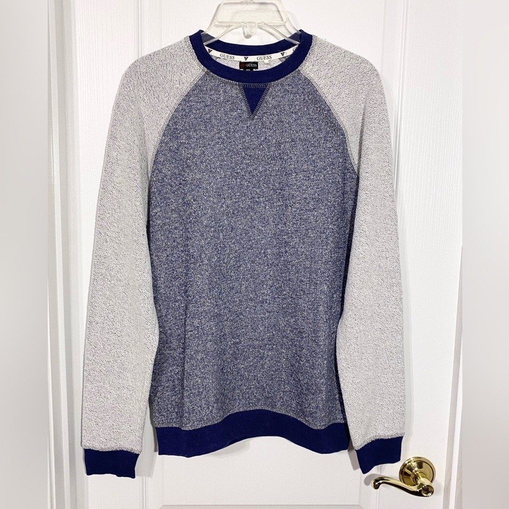 Y2K Guess French Terry Raglan Sweatshirt Navy Heather Blue White Men’s Medium